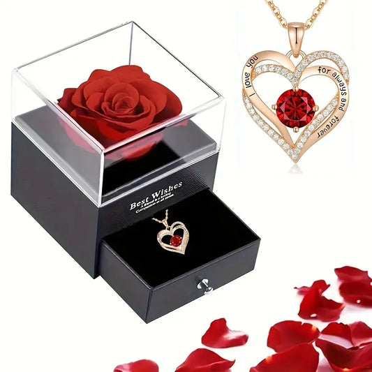 Perserved Rose with Red Zircon Gold hearted pendant