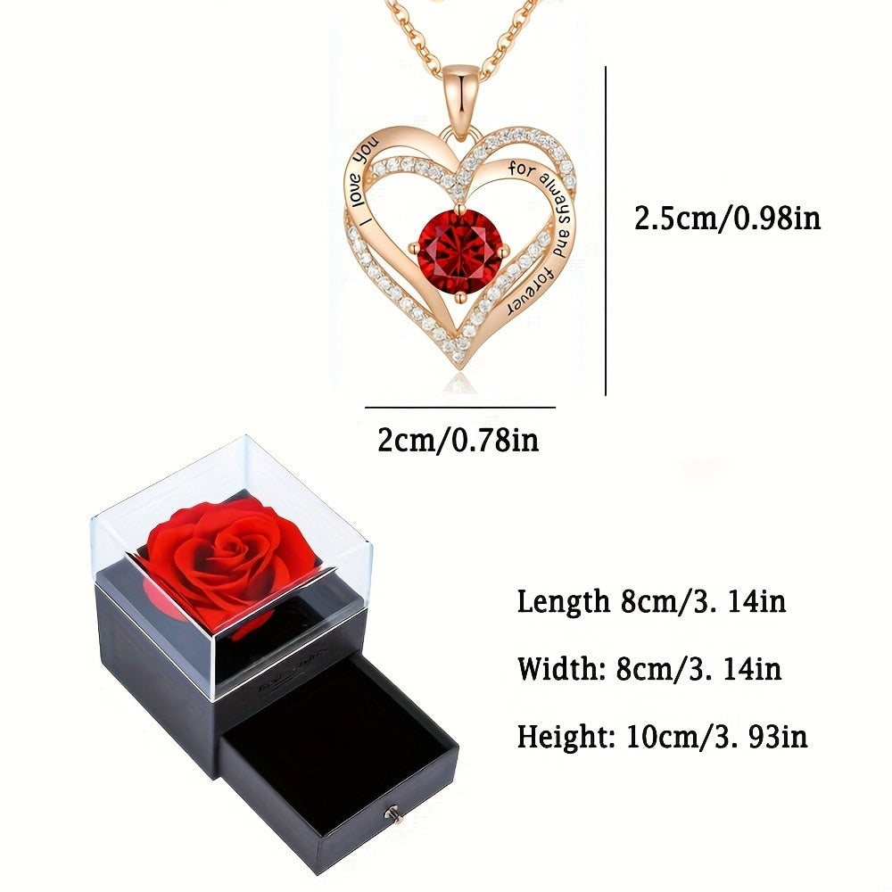 Perserved Rose with Red Zircon Gold hearted pendant